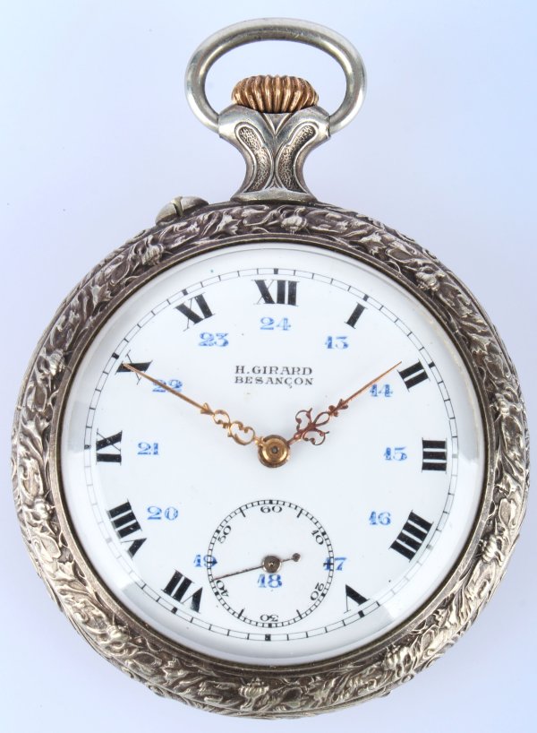 Kapesní pánské hodinky H. GIRARD Besançon plasticky zdobené - kováři, obecný kov
