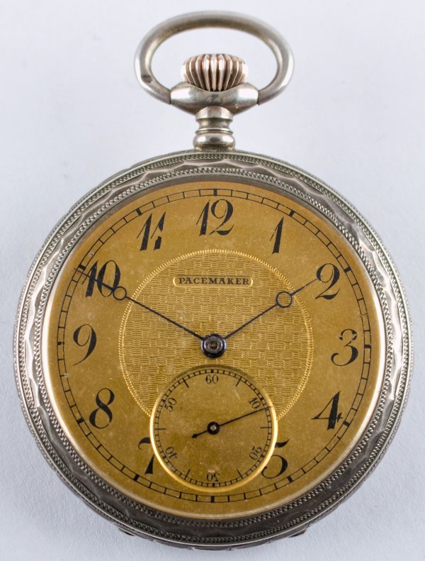 Stříbrné kapesní pánské hodinky Pacemaker, plasticky zdobené - florální motiv