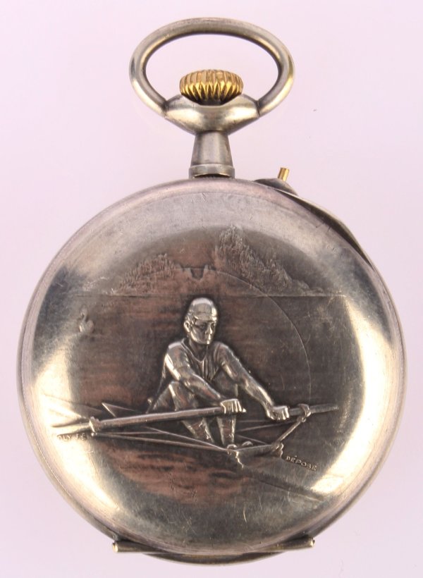 Kapesní pánské hodinky plasticky zdobené - veslař, obecný kov