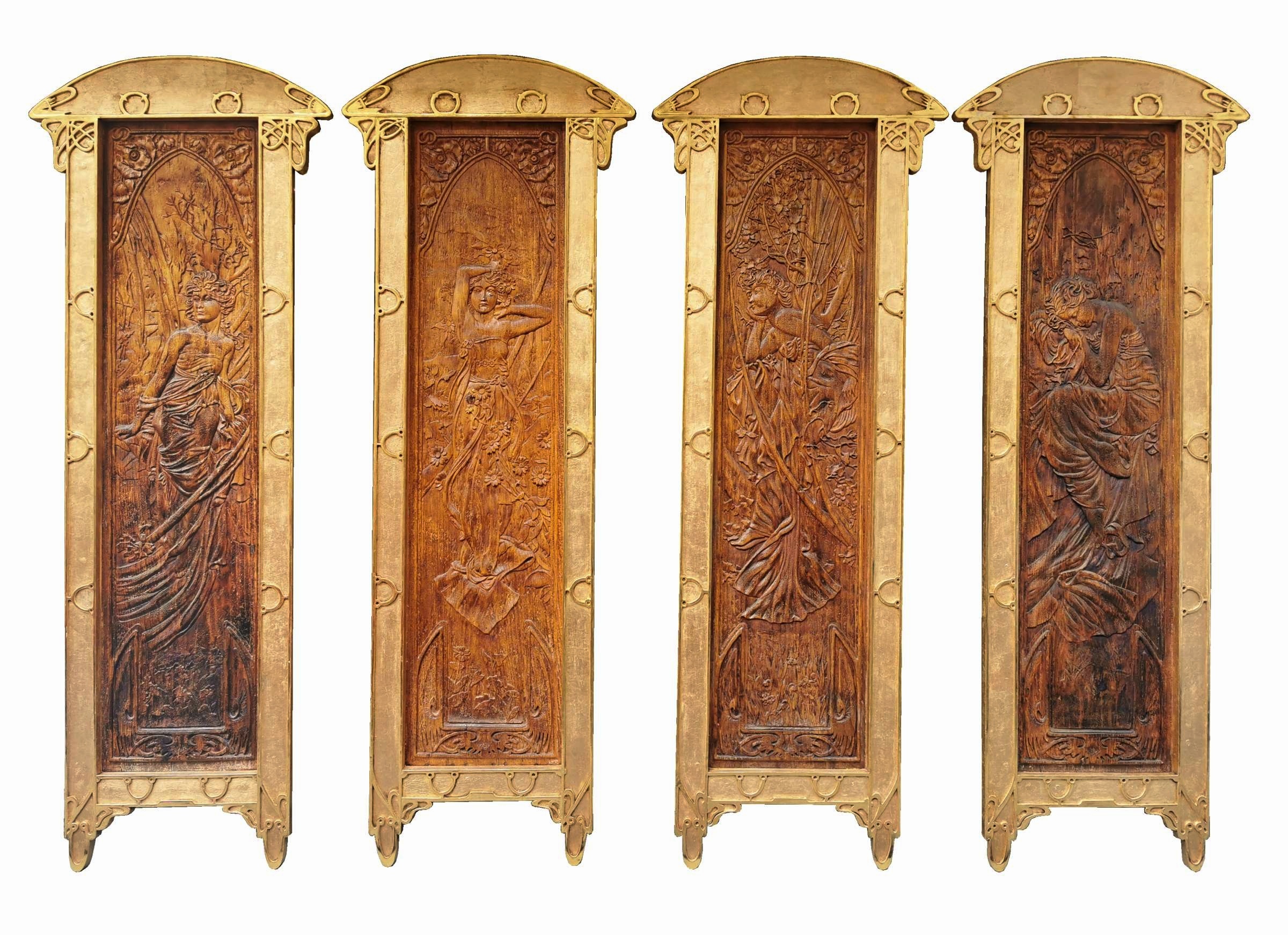 Alfons Mucha - čtyřdílné reliéfní dřevořezby
