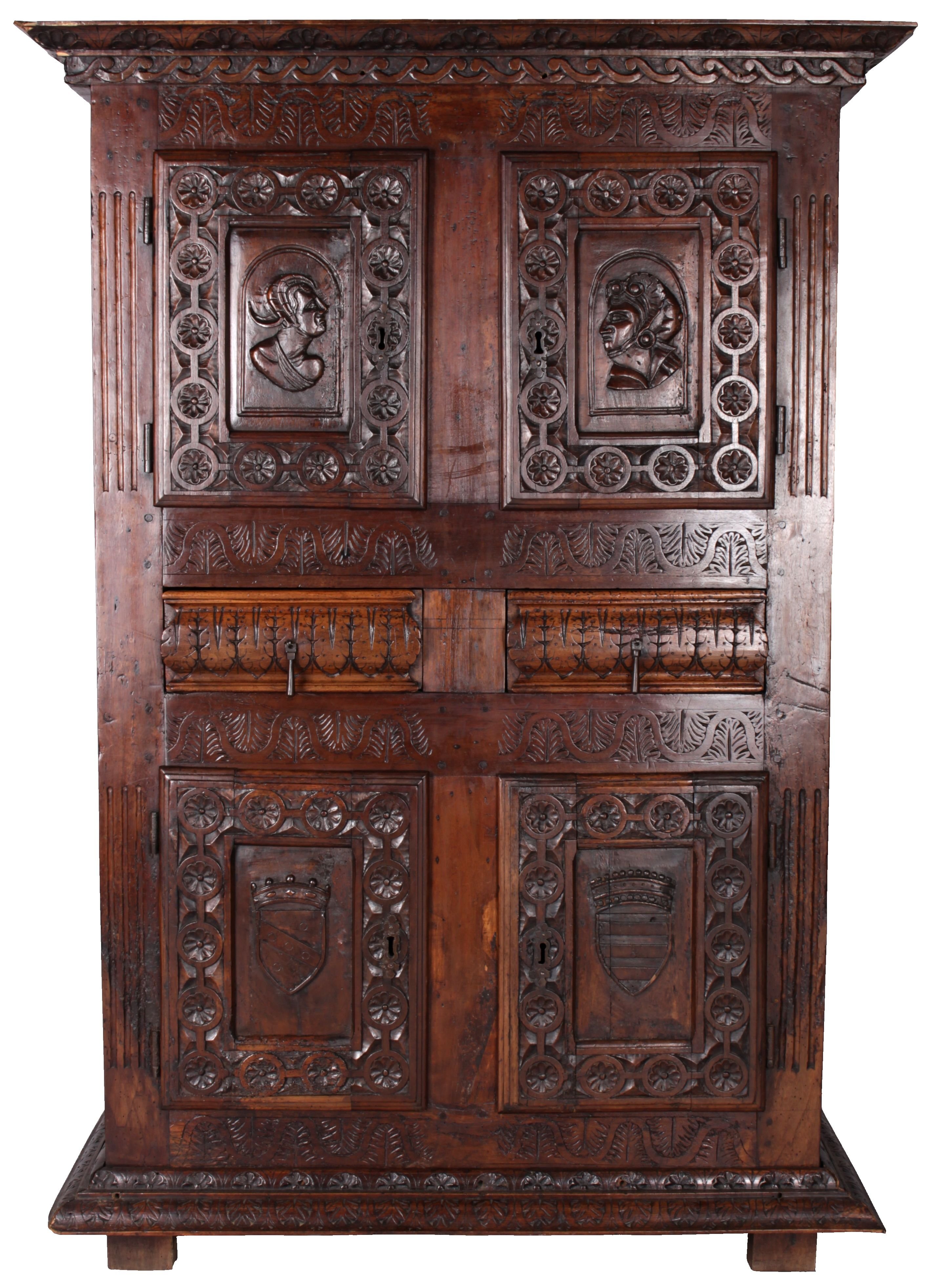 A Rare Renaissance cabinet with carved portraits and coats of arms, 17th century
