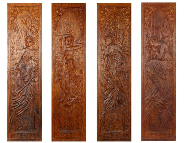 Alfons Mucha - čtyřdílné reliéfní dřevořezby